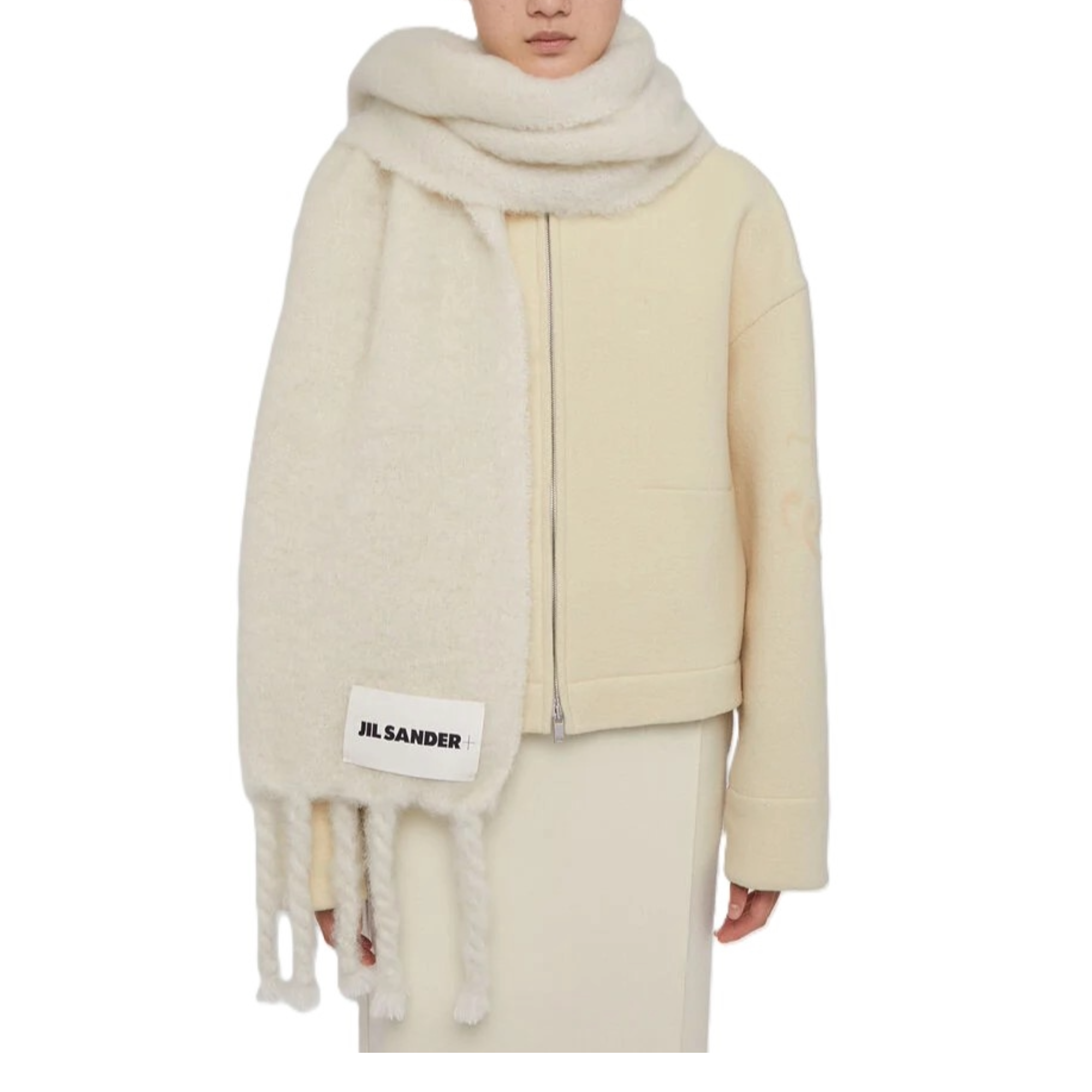 送料無料】JIL SANDER＋[ジルサンダープラス] / LOGO-PATCH CHUNKY-KNIT SCARF (ロゴパッチ チャンキーニット  スカーフ) WHITE | BOLS COLLECTORS 正規取扱い公式通販サイト – BOLS・1987