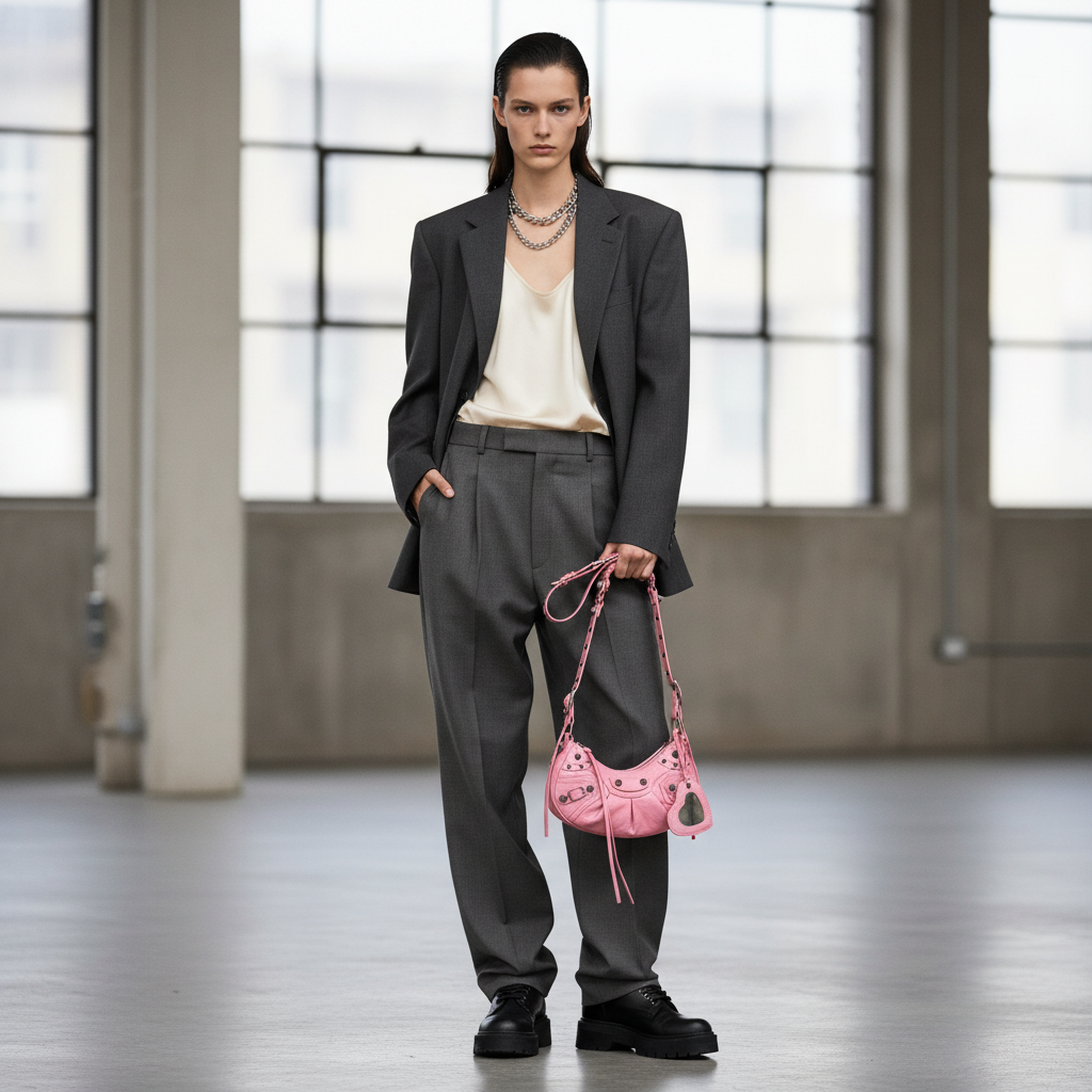 BALENCIAGA LE CAGOLE XS SHOULDER BAG (PINK) Model Shot