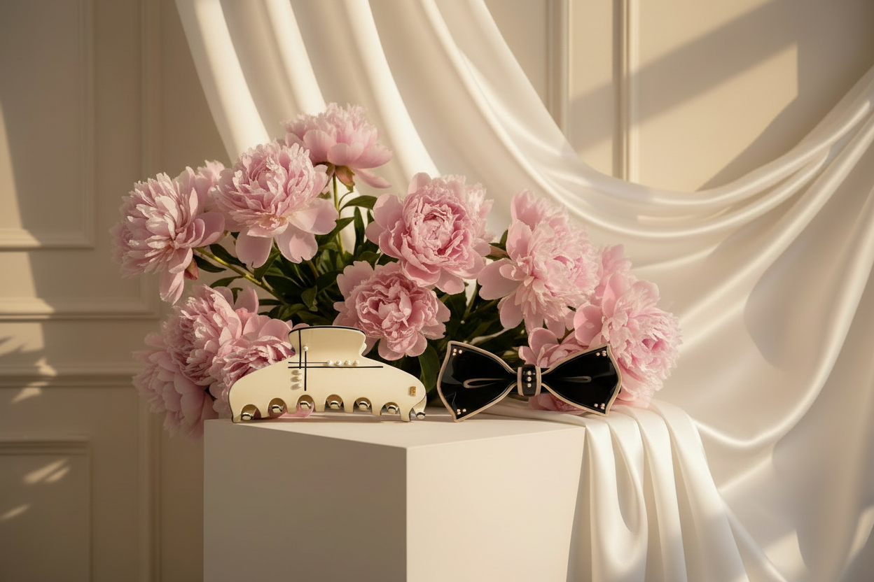 SERENITE L CLIP BEIGE & RIBBON BALLETTA BLACK × Pink Peonies